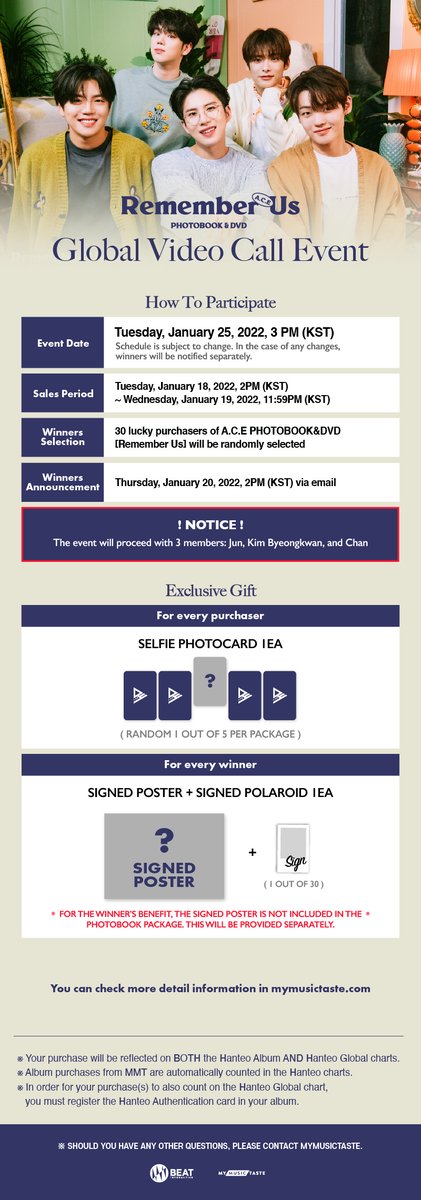 _mmtshop's tweet photo. 📣A.C.E Global Video Call Event 'Remember Us' is now open!
🗓️Available until January 19, 11:59 PM (KST)
📸MMT photocard
🎁Winners also get: Signed Polaroid
Buy A.C.E PHOTOBOOK & DVD 'Remember Us' to enter!
📲👉https://t.co/GMyxRdqwyn
#에이스 #ACE #ACE_Fansign with #MMTShop https://t.co/KU3vmReFfM