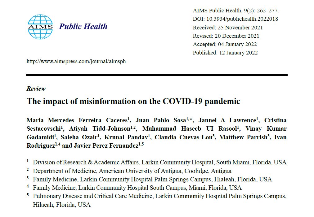 Congratulations to the team on their article titled "The impact of misinformation on the COVID-19 pandemic" published in the journal "AIMS Public Health" doi.org/10.3934/public… #COVID19