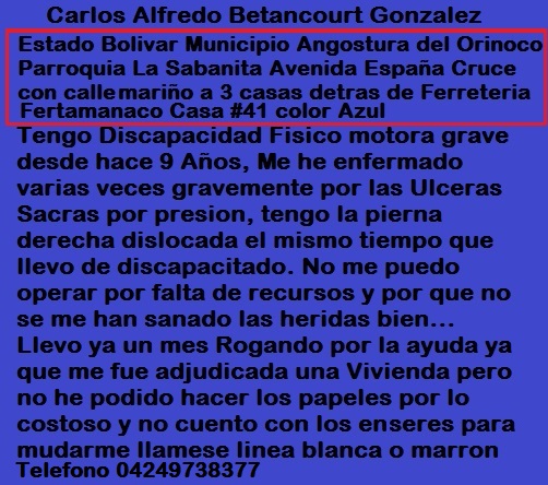 manfredoos's tweet photo. .LLame al gobernador @amarcanopsuv me pidio la direccion y una semana despues nada, le escribi a la esposa directora de la fundacion social bolivar y nada, al alcalde @comandosergioh y nada ¿entonces que mas hago, morir y ya? @NicolasMaduro @dcabellor @jorgepsuv @delcyrodriguezv https://t.co/6A5jsRoviv