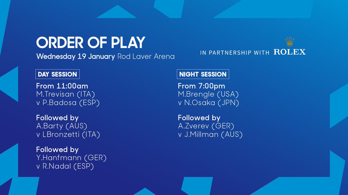 AustralianOpen's tweet photo. #AusOpen Order of Play Wednesday 19 January ➡️ https://t.co/jWTRoaeR4h