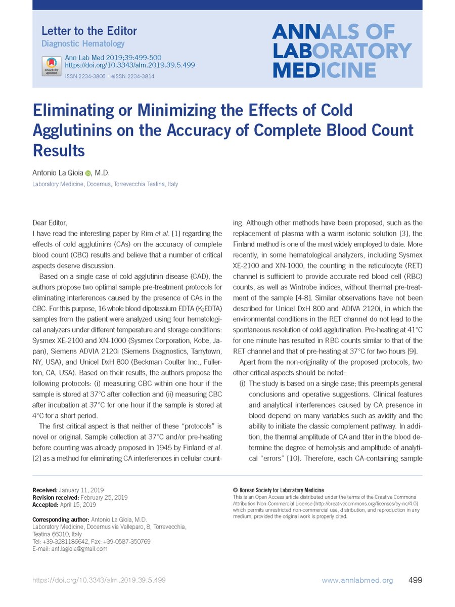AnnLabMed's tweet photo. Eliminating or Minimizing the Effects of Cold Agglutinins on the Accuracy of Complete Blood Count Results
Open Access🔓https://t.co/Id5HiMMMlM
#AnnLabMed 2022; 42(3) Antonio La Gioia
#Laboratory_Medicine https://t.co/9lVgnmGU0r