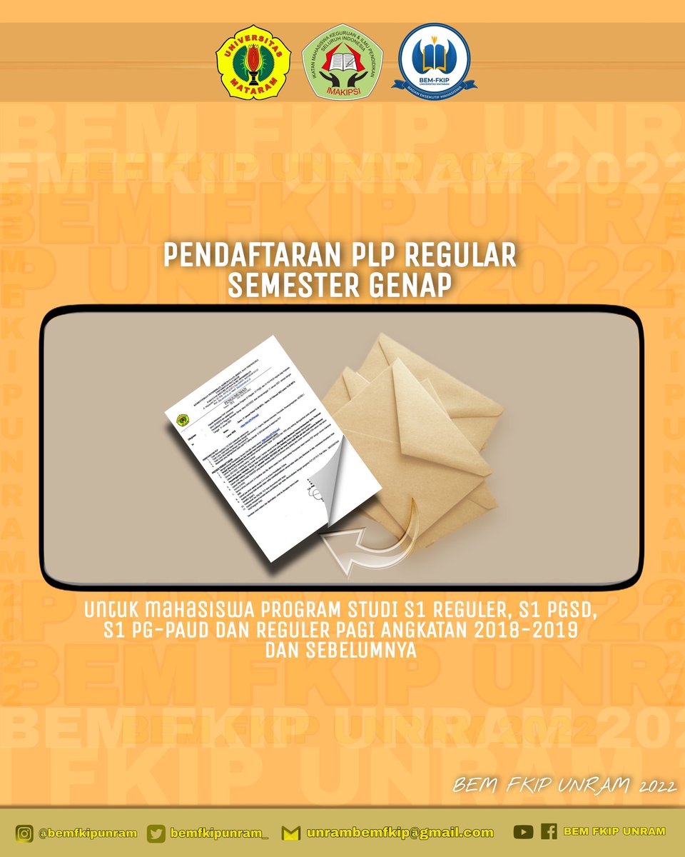 bemfkipunram_'s tweet photo. [ INFO PENDAFTARAN PLP REGULAR SEMESTER GENAP]

Berikut InfoPendaftaran PLP Reguler Semester Genap. Pendaftaran dapat dilakukan melalui laman :
https://t.co/nLR6SL9WI4 

#BEM_FKIP_UNRAM
#UNIVERSITASMATARAM https://t.co/ZhP1X2aHer