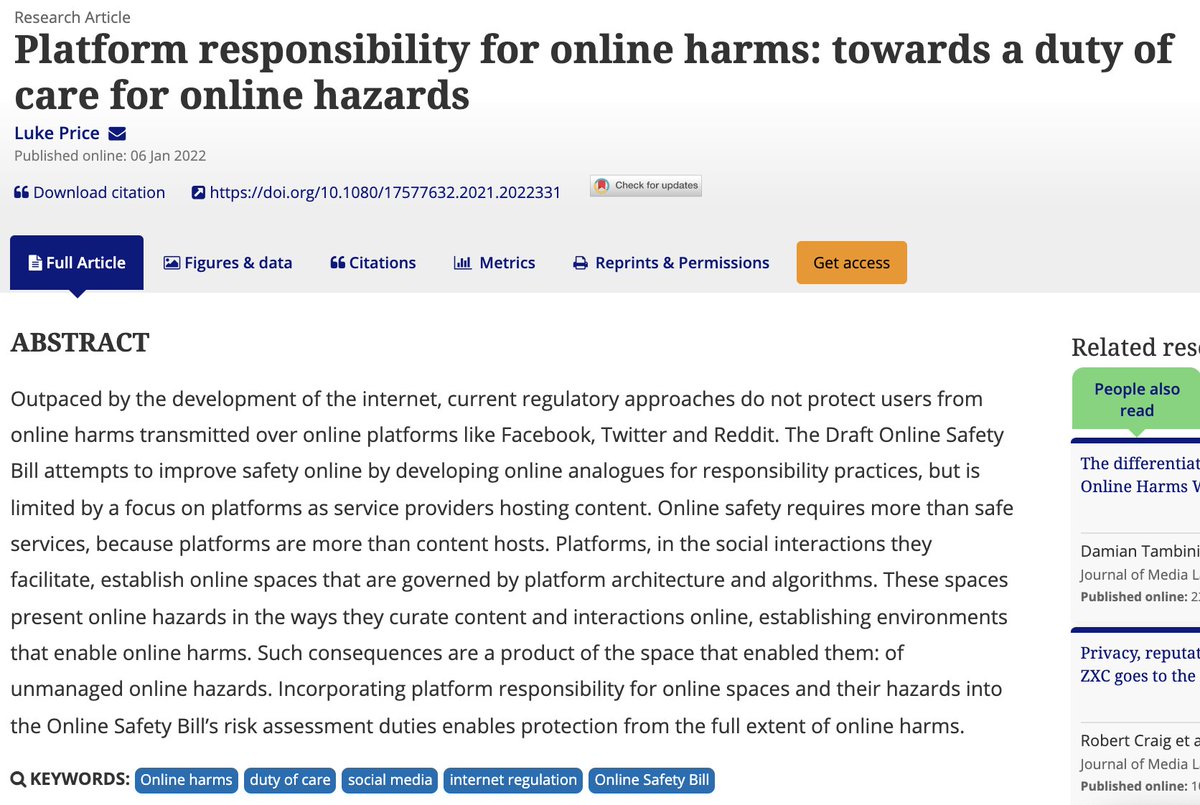 CquLaw's tweet photo. Dr Luke Price’s new article in the Journal of Media Law, ‘Platform responsibility for online harms: towards a duty of care for online hazards’ proposes next steps for improving online safety in the UK, with lessons for Australia [https://t.co/0rgsNk3M9W] @CQUniSBL @CQUniNews https://t.co/UEhfexo08D