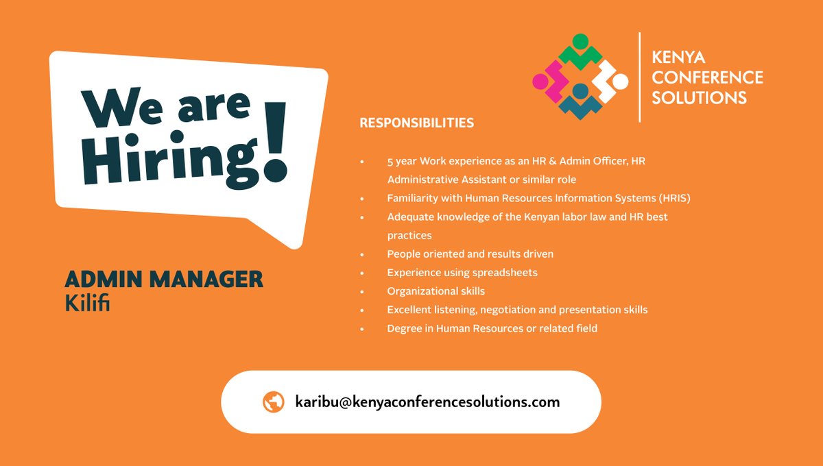 TeamKCSKE's tweet photo. Want to work in Kilifi or Mombasa! We are looking to hire a Catering Manager in Mombasa and a HR/Admin Manager in Kilifi. If you are interested in bringing the best out of people get in touch with us on karibu@kenyaconferencesolutions.com https://t.co/Y57TgIDOPr