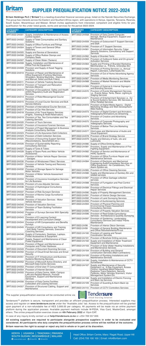 _tendersure's tweet photo. Tendersure is managing the supplier prequalification for Britam Holdings PLC. #Tendersure provides an efficient and transparent process and enables automated evaluation of bids. Interested suppliers can view more details on https://t.co/e6gQqQj5hR
#tenders #prequalification https://t.co/JajhumRzFt