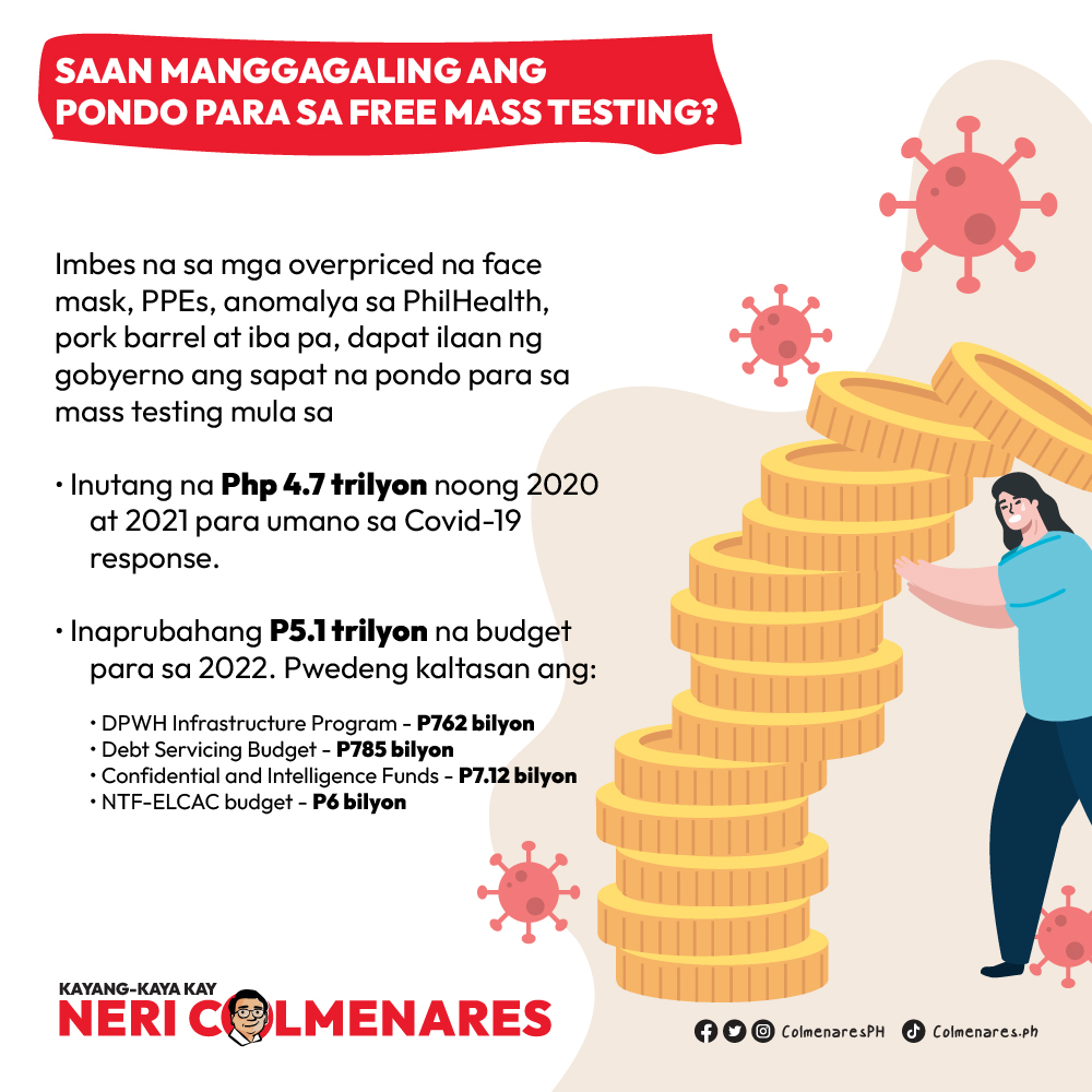 ColmenaresPH's tweet image. To be free, Covid-19 testing should be shouldered or heavily subsidized by government. Maraming pwedeng pagkunan ng pondo, kung gugustuhin. #FreeMassTesting