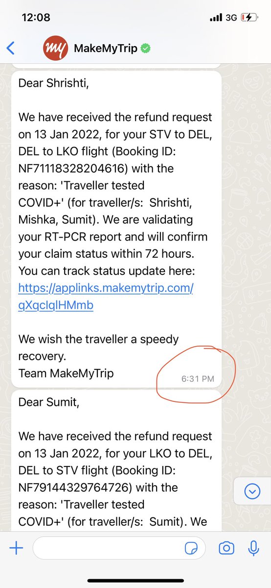 SumitSant18's tweet photo. @makemytripcare refer PNR ZF526B. Flight scheduled at 9 AM on 14.01.22. Refund request because of covid positive initiated at 6.31 PM on 13.01.22.Yet u denied refund by the reasons-due to cancellation req. placed within 12 hrs of travel. Worst customer services offered by MMT. https://t.co/ImTKJmaWB6