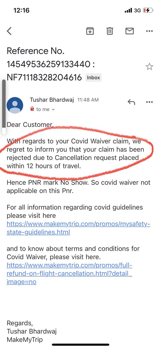SumitSant18's tweet photo. @makemytripcare refer PNR ZF526B. Flight scheduled at 9 AM on 14.01.22. Refund request because of covid positive initiated at 6.31 PM on 13.01.22.Yet u denied refund by the reasons-due to cancellation req. placed within 12 hrs of travel. Worst customer services offered by MMT. https://t.co/ImTKJmaWB6