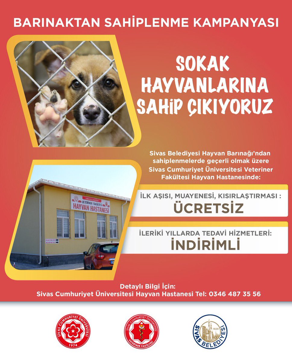 Üniversitemiz Hayvan Hastanesi ile Sivas Belediyesi işbirliğinde başlatılan kampanya kapsamında, Sivas Sokak Hayvanları Merkezinden sahiplenilen hayvan dostlarımız, Üniversitemiz Hayvan Hastanesinin bir takım sağlık hizmetlerinden ücretsiz ve indirimli olarak faydalanabilecek.