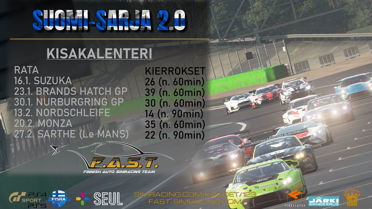 Fast_Simracing's tweet image. Tervehdys!

Tänään taas tuttuun tiistaiseen tapaan kaikille vapaat  harjoitukset, koko mittaisella kisalla. 

Huone aukeaa noin  klo 18:30.  Kisan startti klo 18:45. Olethan ajoissa.

Rata: Brand Hatch GP, 39 kierrosta.

Host: Willy_76
#kaikkiradalle
#2FAST4U
#GTSport