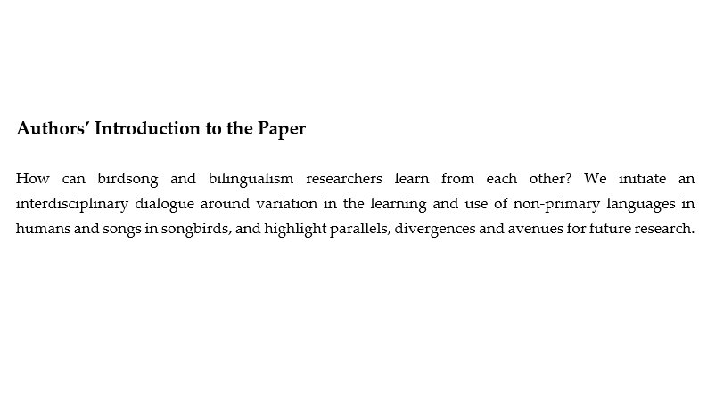 Languages_MDPI's tweet photo. 'Vocal learning and behaviors in birds and human bilinguals: parallels, divergences and directions for research'

An interesting paper about birdsong and bilingualism researchers we published earlier. 

Full text: https://t.co/588n1eXNbe

#languages_MDPI #bilinguals https://t.co/NOlBOwEQ3b