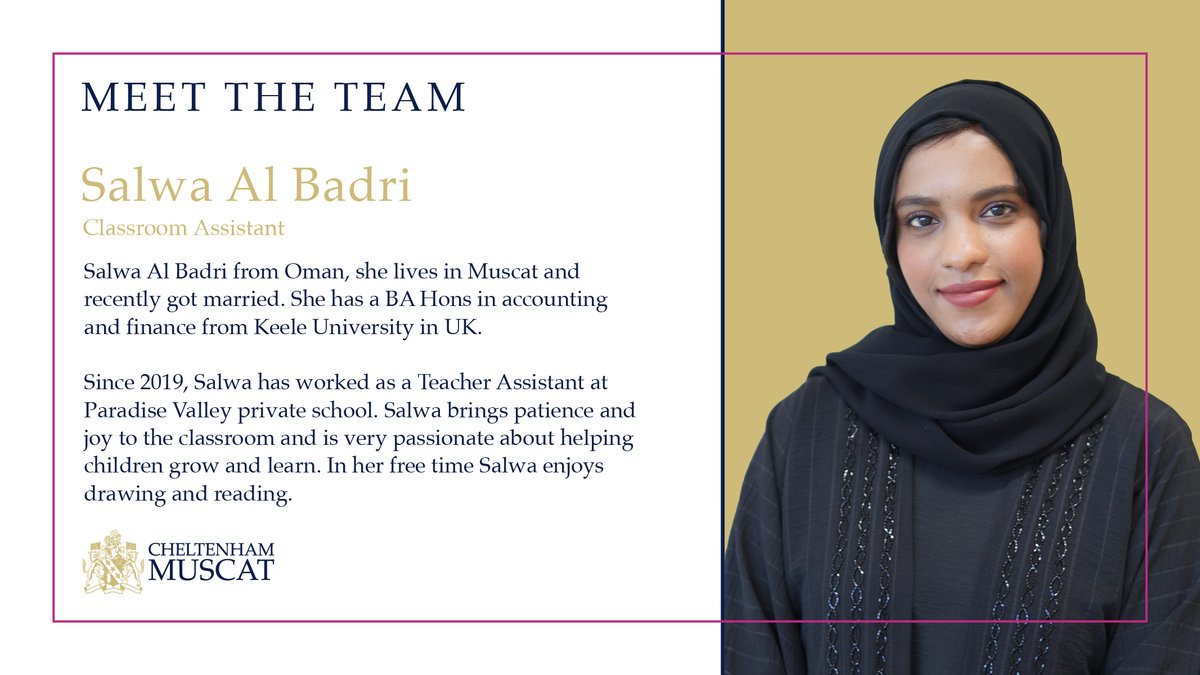 CheltenhamOman's tweet image. Meet the Team! Salwa is one of our lovely Grade 1 Classroom Assistants.  

#meettheteam #grade1 #classroomassistant #enjoyyourlessons #teachingandlearning  #happypupils @cheltenhammuscat