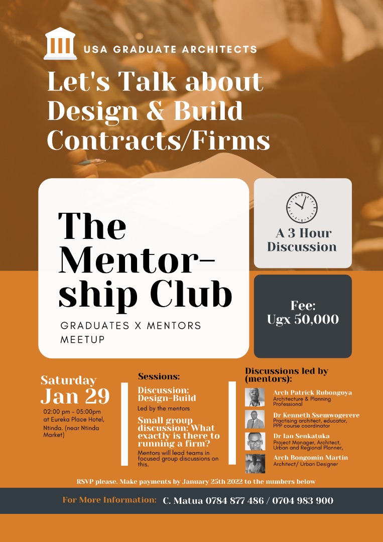 GradArchitects's tweet photo. 🏛️ Graduates X Mentors Meetup
🔊 D &amp; B contracts
🗓️ Sat 29 Jan
🕒 2-5pm
💵 50k
📍 @eureka_hotel
RSVP: @cmatua_ 

🗣️ @PatrickRubongo1 @Archdrken 

@UgArchSociety @Tibah_Dan @Kajumba16 @BarihamweD @kaigu55 @WanokOtuma @jjuuks @DanielOaxy2018 @nekin24 https://t.co/Bsa8J8S5KU
