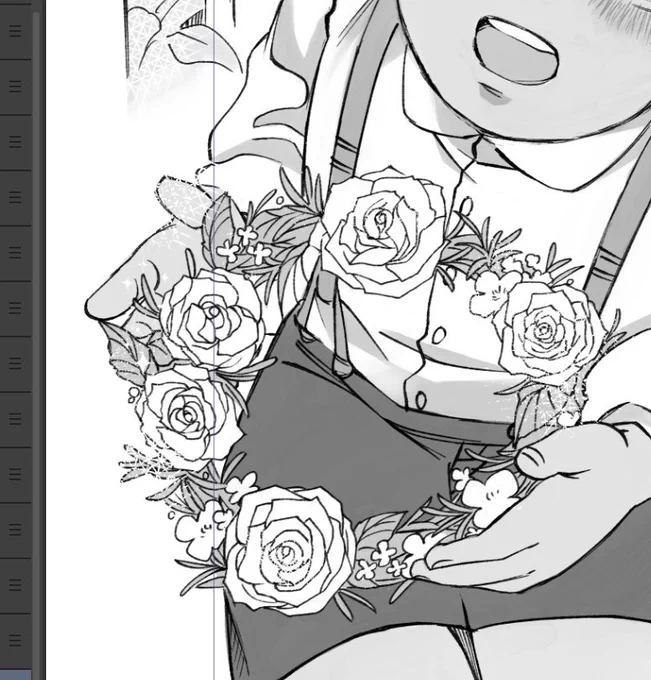 小物&amp;背景修正おわらないいぃ
お花、ブラシでやろうと思っていたのにちょうどいいのを見つけられなくて結局全部手描きしてしまった…。
明日までには絶対おわらせる…そろそろ顔描きたい😭 