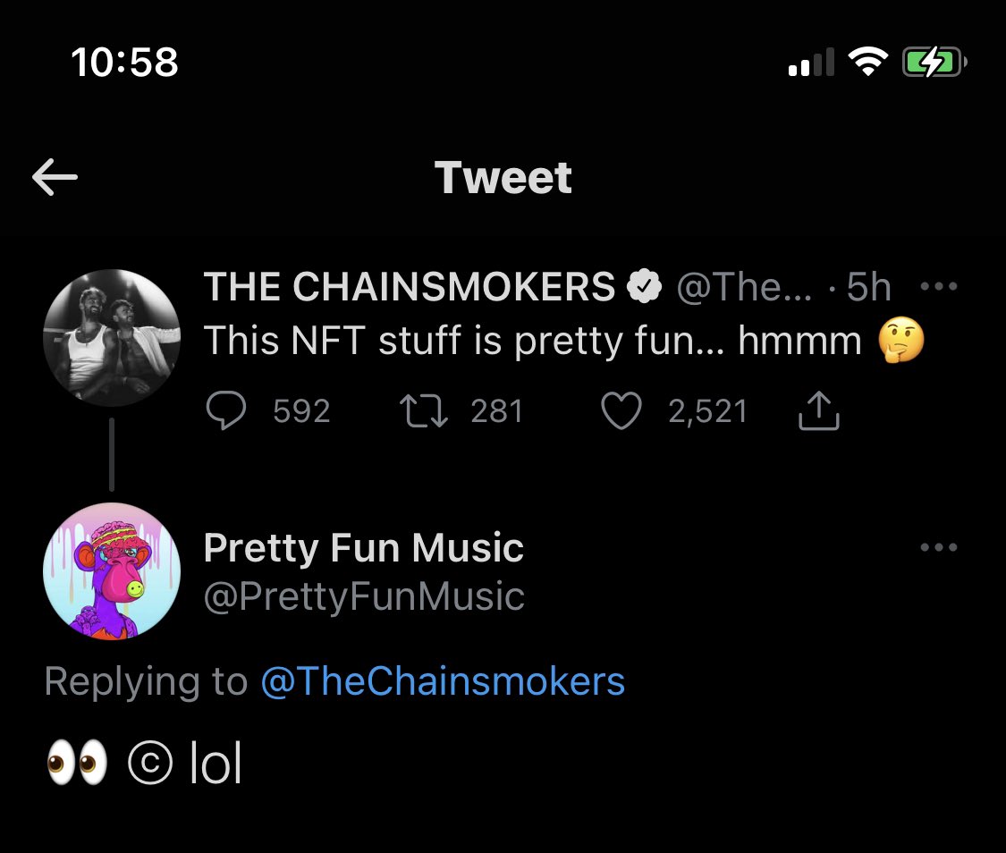 We didn’t say it. They did. nft stuff is pretty fun. @PrettyFunMusic is nft stuff

<a href="/TheChainsmokers/">THE CHAINSMOKERS</a>