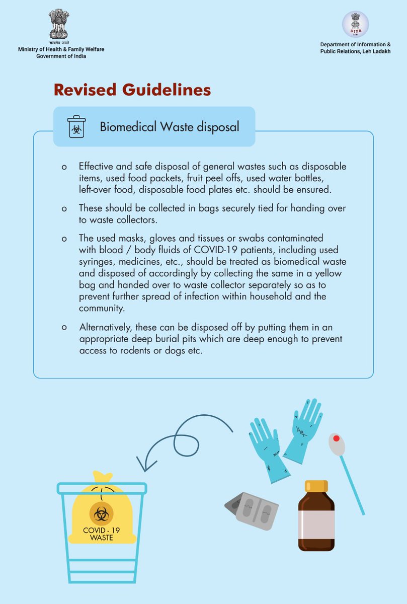 DIPR_Leh's tweet photo. Ministry of Health and Family Welfare, Government of India  has issued instructions for proper disposal of biomedical waste under it's #RevisedGuidelines 

#COVIDAppropriateBehaviour
#Unite2FightCorona 
#LadakhFightsCorona
#MaskUpLadakh
#StaySafeStayHealthy
#nomasknoservice https://t.co/q8F8mfTyXH