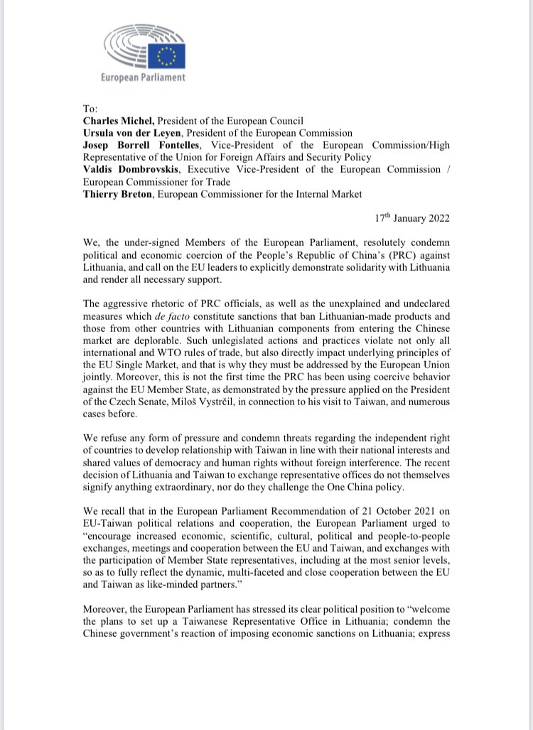 MiriamMLex's tweet photo. The EU must support Lithuania in the face of PRC coercion, and defend the principles of the Single Market. 
I initiated a cross-party letter to EU leaders, stressing that failure to respond to the PRC’s actions would only embolden it to engage in further coercion in the future. https://t.co/uol6xutBvP