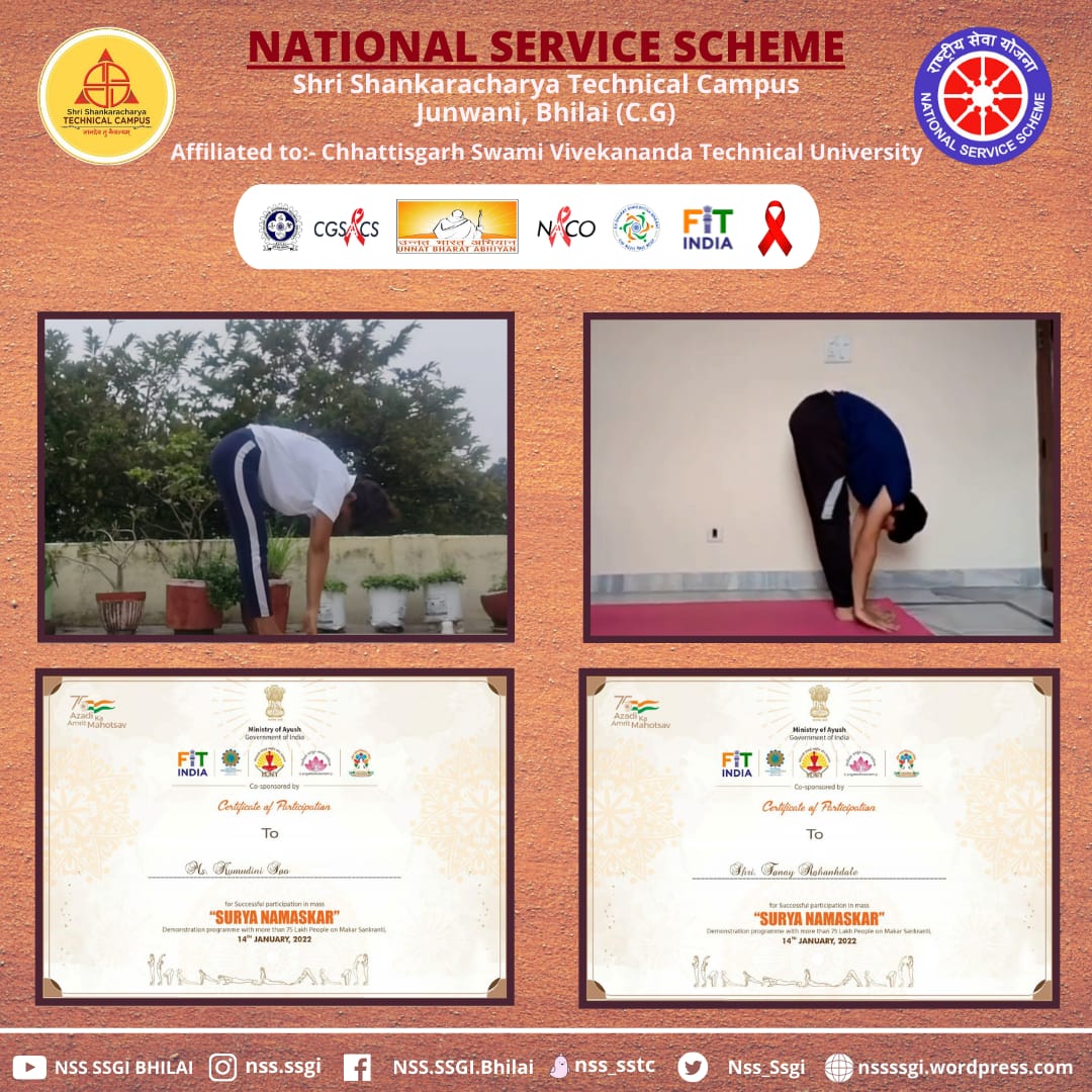 Nss_ssgi's tweet photo. 🇮🇳
On the occasion of #MakarSankranti, the vols of @Nss_ssgi participated in #75CroreSuryaNamaskar -  A Tribute on #75YrsofIndependence    program organised by @NSSCSVTU_CG
#yoga #fitindia 

@YASMinistry @NSSRDBhopal @ListenKabir @Samaren66563204 @dr_dsraghu @ConnectingNss https://t.co/32pSOBVumX