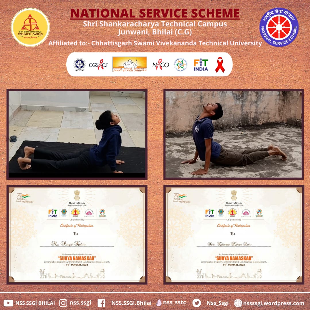 Nss_ssgi's tweet photo. 🇮🇳
On the occasion of #MakarSankranti, the vols of @Nss_ssgi participated in #75CroreSuryaNamaskar -  A Tribute on #75YrsofIndependence    program organised by @NSSCSVTU_CG
#yoga #fitindia 

@YASMinistry @NSSRDBhopal @ListenKabir @Samaren66563204 @dr_dsraghu @ConnectingNss https://t.co/32pSOBVumX