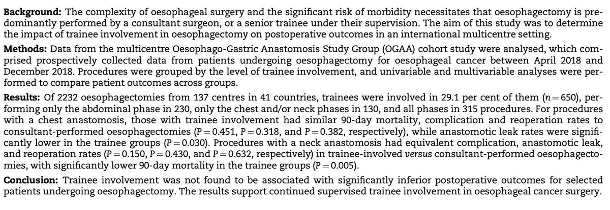 Sivesh K Kamarajah (@sivesh93) on Twitter photo Glad our next <a href="/OGAAudit/">OG Anastomosis Audit</a> paper on impact of trainee involvement in <a href="/BjsOpen/">BJS Open</a>
🔑 Key points
> Comparable outcomes with trainee cases
> Need for an ongoing, safe global OG cancer training
academic.oup.com/bjsopen/articl…
<a href="/roux_group/">The Roux Group</a> <a href="/T4UGIS/">TUGSS</a> <a href="/EwenGriffiths/">Ewen A Griffiths</a> <a href="/Pritam__Singh/">Pritam Singh</a> <a href="/RichardPTEvans/">Richard Evans</a> Glad our next <a href="/OGAAudit/">OG Anastomosis Audit</a> paper on impact of trainee involvement in <a href="/BjsOpen/">BJS Open</a>
🔑 Key points
> Comparable outcomes with trainee cases
> Need for an ongoing, safe global OG cancer training
academic.oup.com/bjsopen/articl…
<a href="/roux_group/">The Roux Group</a> <a href="/T4UGIS/">TUGSS</a> <a href="/EwenGriffiths/">Ewen A Griffiths</a> <a href="/Pritam__Singh/">Pritam Singh</a> <a href="/RichardPTEvans/">Richard Evans</a>
