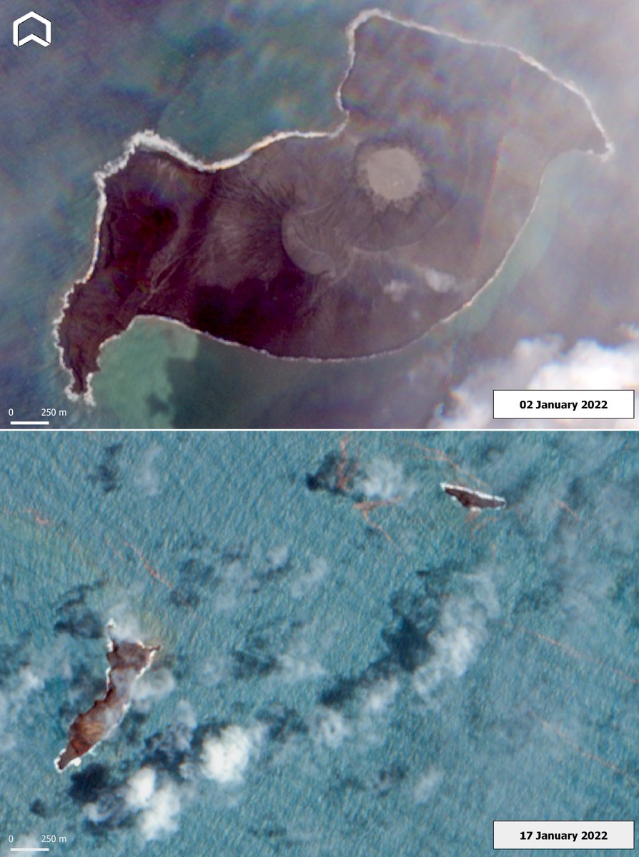PlatformAdam's tweet photo. #HungaTongaHungaHaapai after the latest eruption! Here the first #Copernicus #Sentinel2 image after #Tongaeruption collected on Jan 17 2022 22:01 UTC compared with the previous one on Jan. 2. #Tonga #TongaVolcano @jessphoenix2018 @WMO @CultureVolcan https://t.co/fVoNrZO5Sh