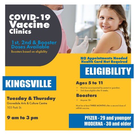 WindsorVax's tweet photo. 🚨KINGSVILLE POP-UP CLINICS

📆 Tuesday Jan. 18th (Today) and Thursday Jan. 20th

⏰ 9am-3pm

🏥 Grovedale Arts and Culture Centre, 103 Park St, Kingsville ON

✅ Anyone 18+ who is 3+ months past second dose can receive a booster dose.

✅ Anyone aged 5+ can receive a first dose. https://t.co/k0MelezJgb