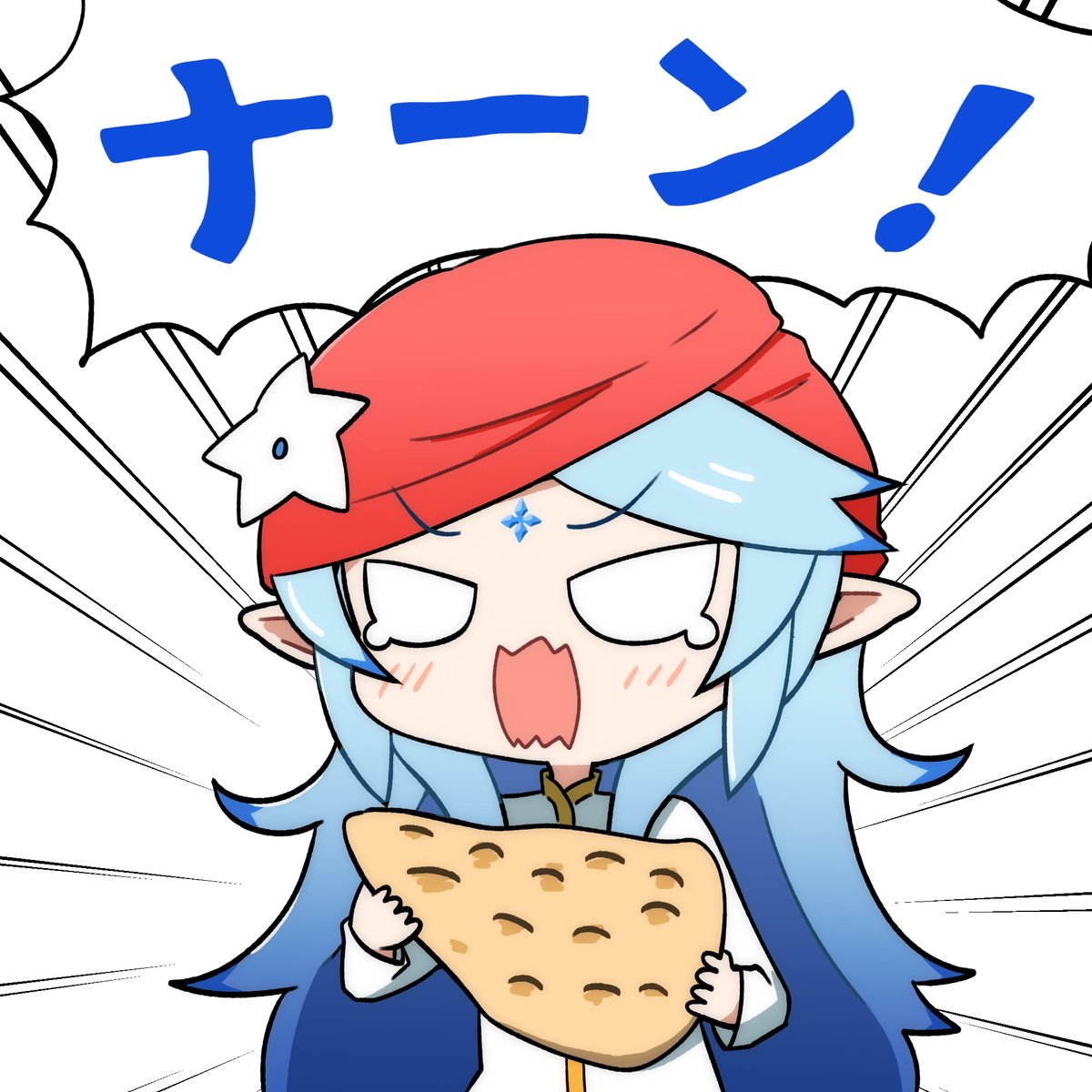 1girl blue hair pointy ears solo long hair food bread  illustration images