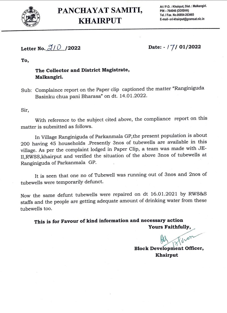 dm_malkangiri's tweet photo. @ItsCSN6 @BDO_Khairput @EmgMalkangiri @CMO_Odisha @MoSarkar5T @PRDeptOdisha @OdishaWater @jaljeevan_ @HarGharJal @IPR_Odisha @RaghunandanDas6 @mahajan_vini @Naveen_Odisha @purna_baka @Jaganna84133298 @rameshmajhinp Action taken report attached. https://t.co/rhFyhvCRIi