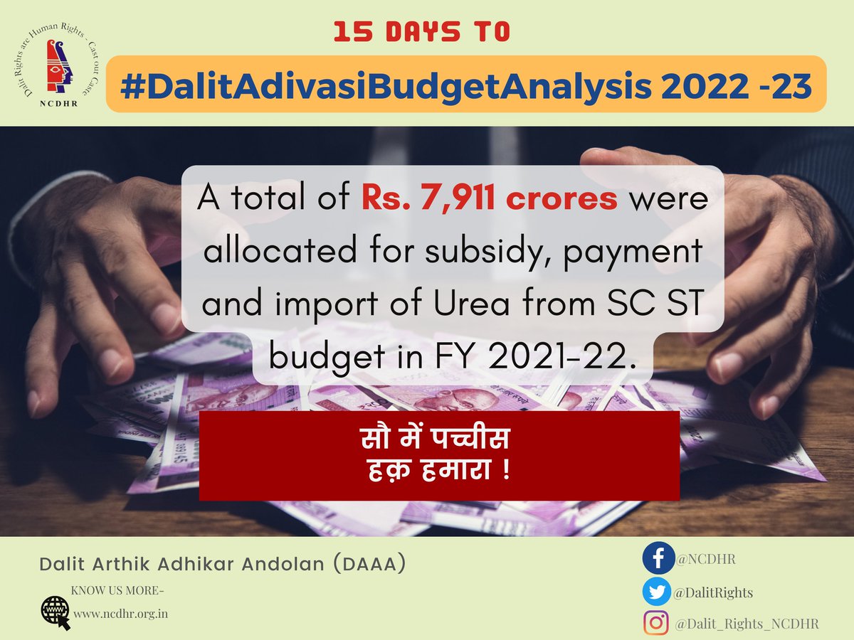 Rs. 7,911 crores from Dalit and Adivasi budget funds were diverted towards import, export, subsidy and payment of Urea while merely Rs 600 crores for the implementation of PoA Act. 
#Budget2021Recap #Budget2022 #DalitAdivasiBudgetAnalysis