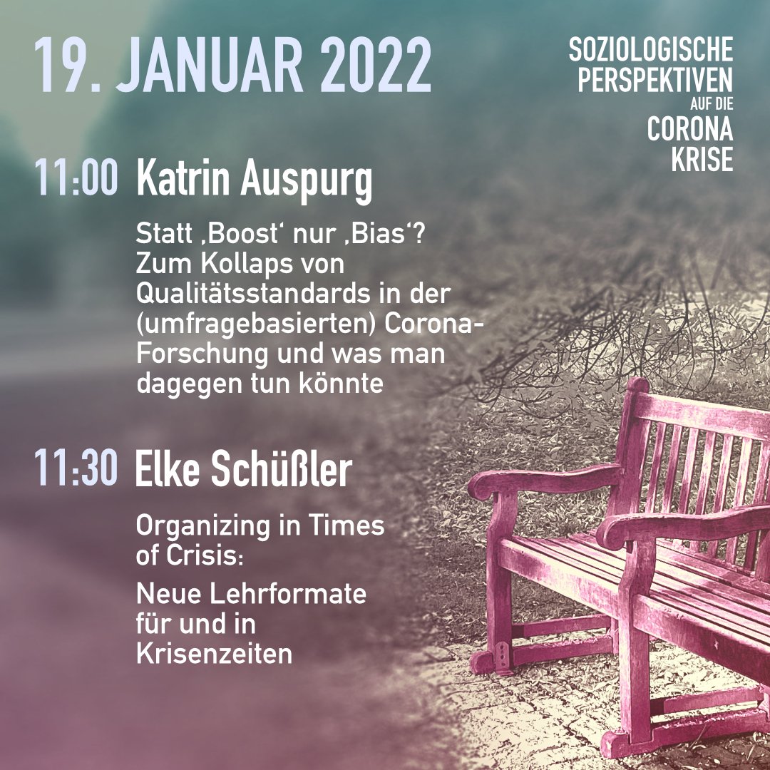 📅Morgen <a href="/coronasoz/">Soziologische Perspektiven auf die Corona-Krise</a>: Katrin Auspurg <a href="/LMU_Muenchen/">Universität München</a> analysiert den "Kollaps von Qualitätsstandards in der (umfragebasierten) Corona-Forschung" und zeigt Lösungen auf. @ElkeSchuessler  <a href="/jkulinz/">JKU - Johannes Kepler Universität Linz</a> stellt "Neue Lehrformate für und in Krisenzeiten" vor.
📺coronasoziologie.blog.wzb.eu/programm/