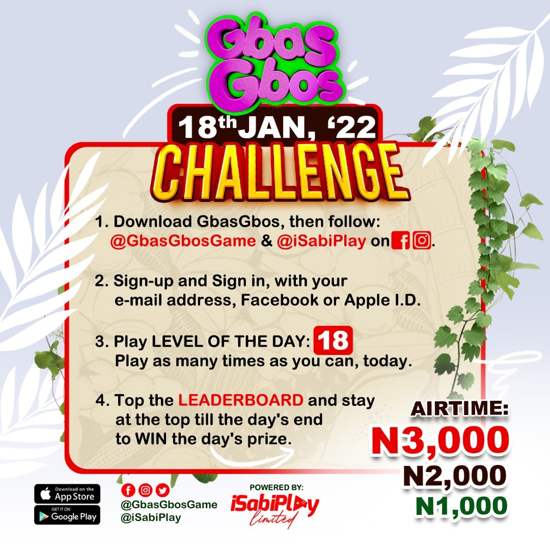 A new day
A new challenge
A new opportunity to win!

Challenge level to be played - Level 18
May the best players win
Happy playing.

#GbasGbos #GbasGbosToTheWorld #ChallengeCollaboration #GbasGbosChallenge #AfricanContent #NigerianMade #MadeInNigeria #HomeGrownBusiness