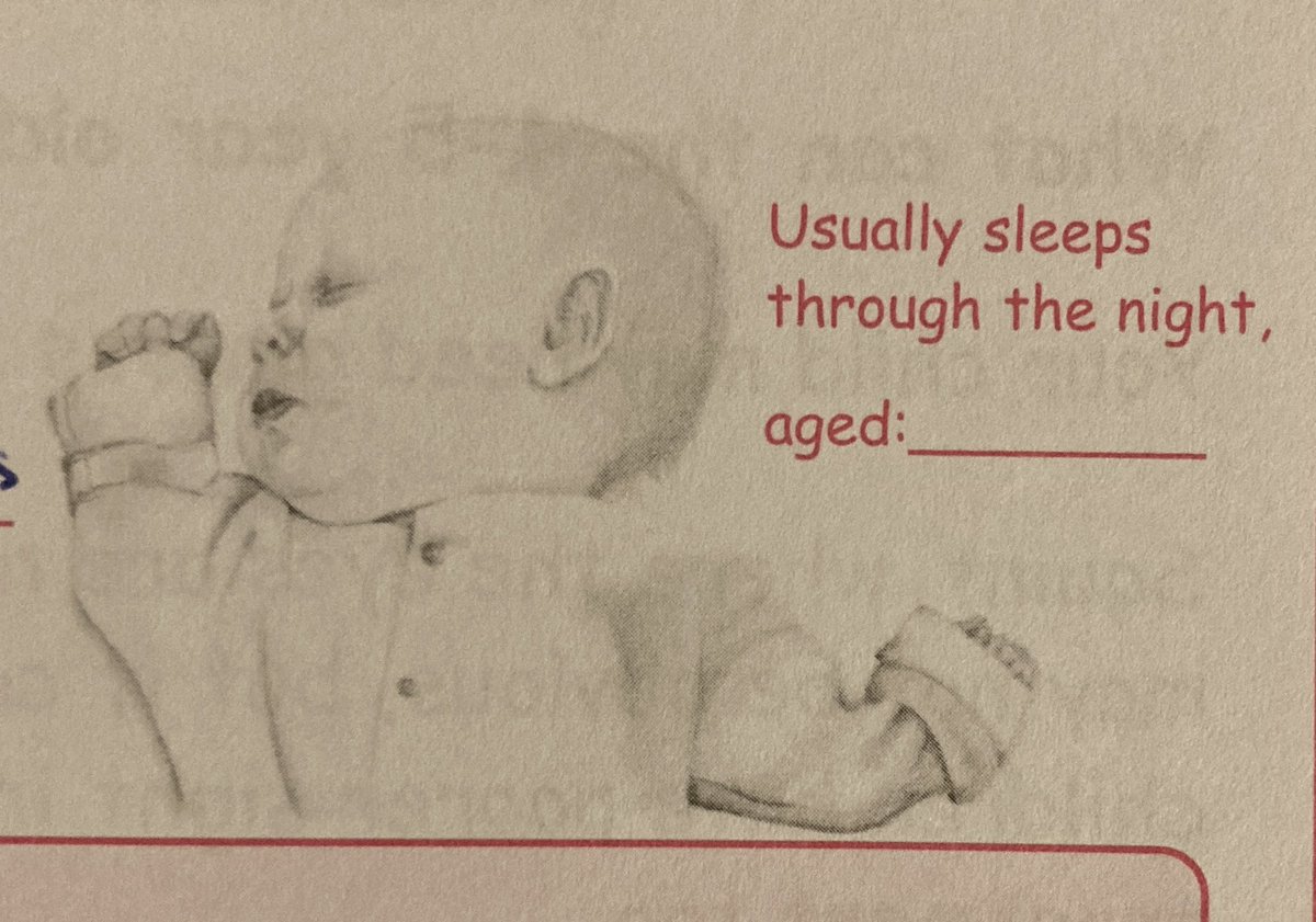 mariavelohig's tweet photo. is it just me fiding this pict on the red book a bit misleading or setting up high expectations to parents? that is a very young baby, why to expect them to sleep through the night? that is not how baby's brain works, esp if breastfeeding! https://t.co/cZAWQdI8vb