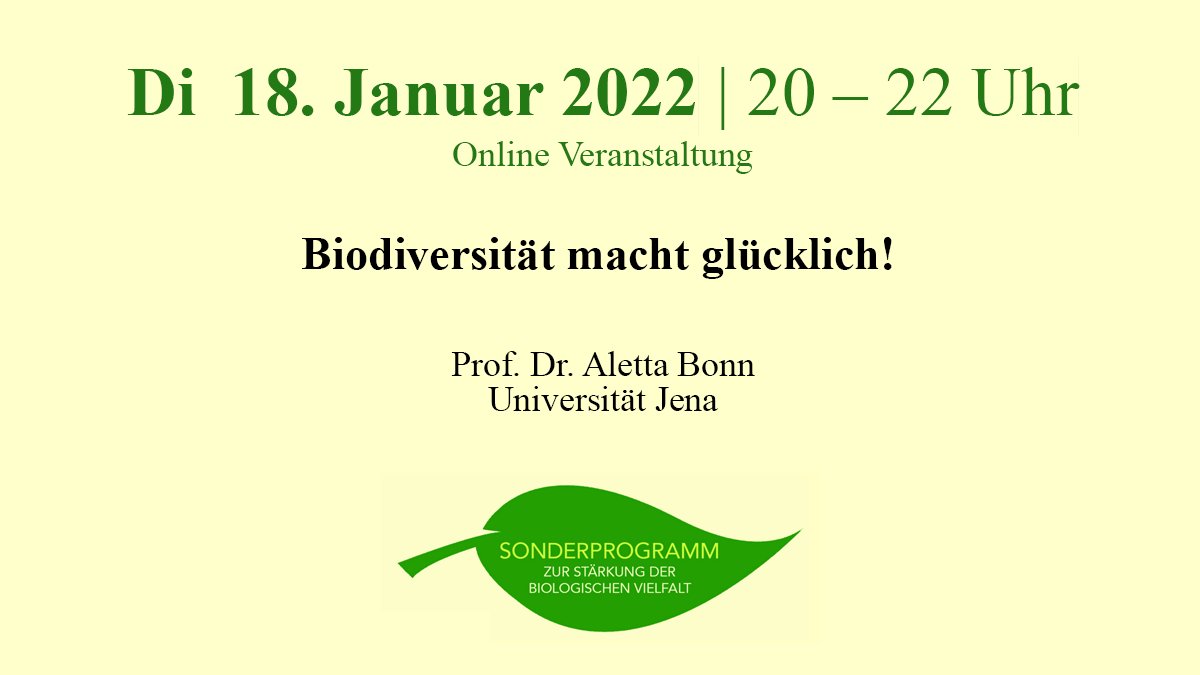 KomBioTa's tweet photo. #Biodiversität macht glücklich! Unter diesem Motto steht der heutige #StudiumGenerale Vortrag von Dr. Aletta Bonn 👩🎓 (@AlettaBonn) von der @UniJena. Wir sind gespannt auf den Input! Um 20 Uhr online einwählen unter https://t.co/kRrisgvv03 #Sonderprogramm #BiologischeVielfalt https://t.co/gPkuUnx1Kl