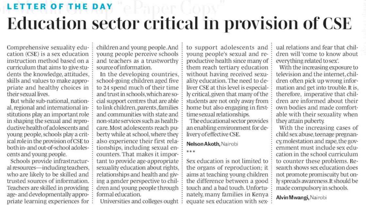 Read this article by <a href="/NelsonAkoth_/">#DissolveParliament</a> &amp; I on <a href="/NationAfrica/">Daily Nation</a> on why we believe that the Education Sector <a href="/EduMinKenya/">Ministry of Education, Kenya (MoE)</a> is a key stakeholder in the Provision of Age-Appropriate Comprehensive Sexuality Education &amp; why #SexualityEducationKe is much broader than basic reproductive biology.