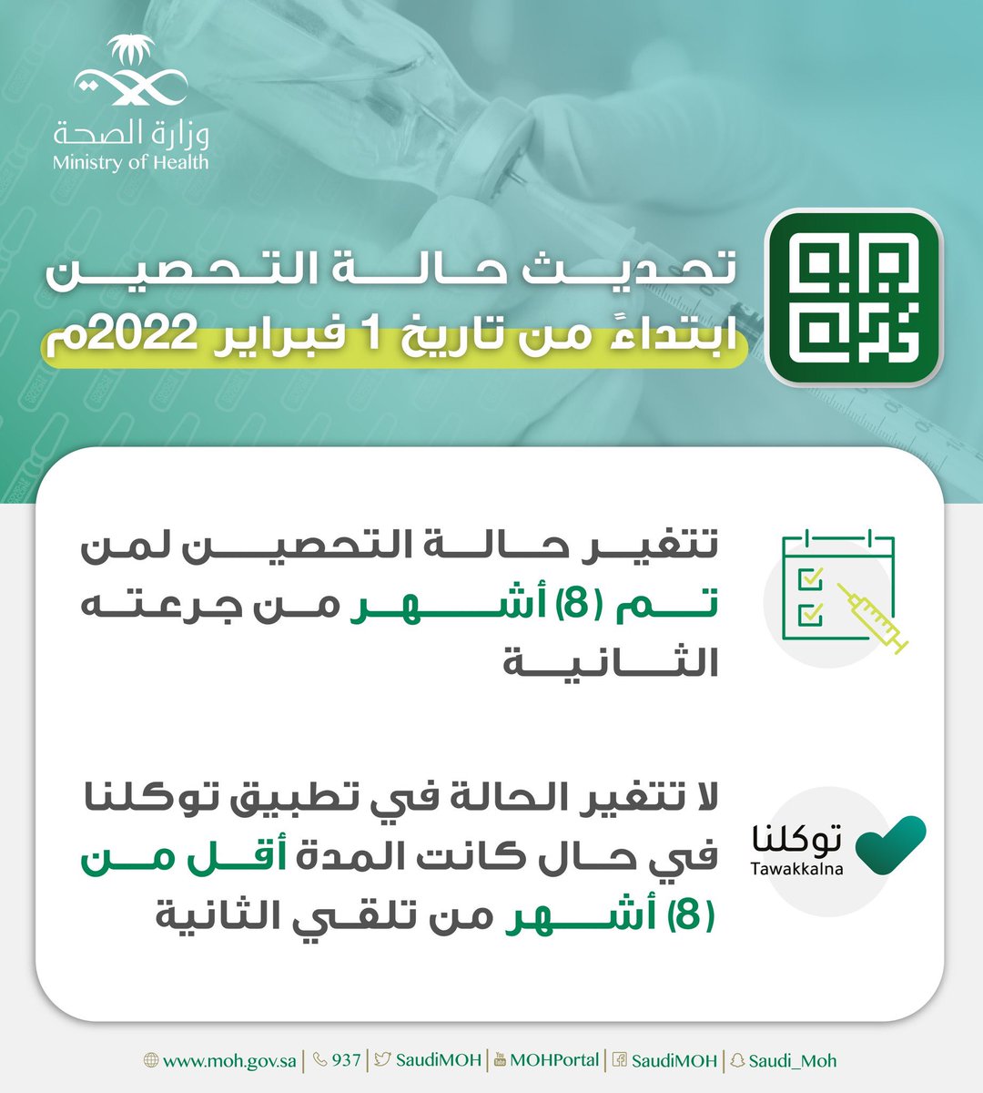 AJELNEWS24's tweet image. عاجل 🔴 
.

.
وزارة الصحة تعلن رسمياً :

ابتداءً من 1 فبراير 2022م سوف تتغير حالة التحصين بعد مرور (8) أشهر على الجرعة الثانية .. ولن تتغير حالة التحصين في حال كان المدة أقل من (8) أشهر.
-