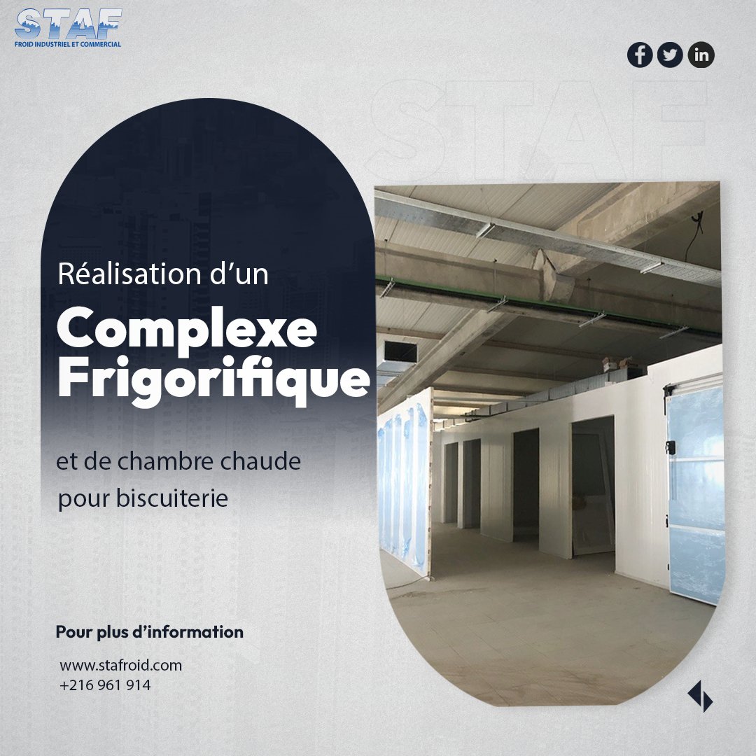 StafroidP's tweet image. [#RéalisationSTAF]
Réalisation d’un complexe frigorifique et de chambre chaude pour biscuiterie.
.
👉Contactez nous pour vos projet de froid.
☎️ +216 71 961 914
📧 customer@stafroid.com
.
#chambrefroide #entrepotfrigorifique #centralefrigorifique #froidindustriel