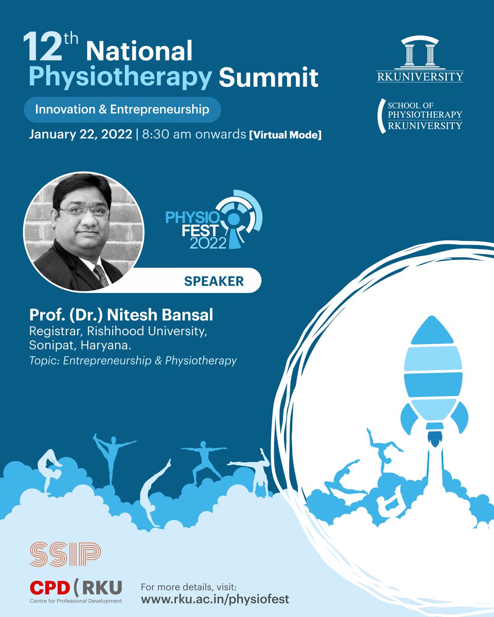 RKUniversity's tweet photo. School of #Physiotherapy, #RKUniversity feels proud to have such renowned personalities in #Physiofest 2022 with focal theme '#Innovation &amp; #Entrepreneurship'. Their presence and guidance will inspire the participants to set new benchmarks in their area of interest.

#rku #India https://t.co/XifOYU5AJ8