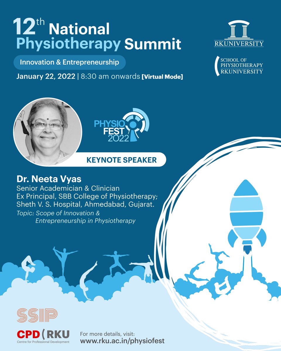 RKUniversity's tweet photo. School of #Physiotherapy, #RKUniversity feels proud to have such renowned personalities in #Physiofest 2022 with focal theme '#Innovation &amp; #Entrepreneurship'. Their presence and guidance will inspire the participants to set new benchmarks in their area of interest.

#rku #India https://t.co/XifOYU5AJ8