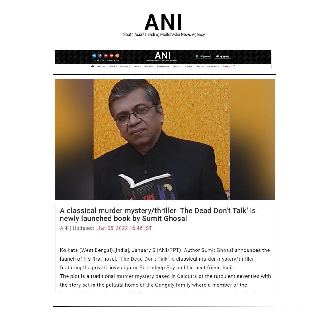 Author_Sumit's tweet photo. Thanks to all the media friends who covered my book “The Dead Don’t Talk”

#zee5 #businessstandard #ani #media #sumitghosal #booklovers #bookstagram #murdermystery #thedeaddonttalk @ombooksdelhi https://t.co/exUZzTRC0b