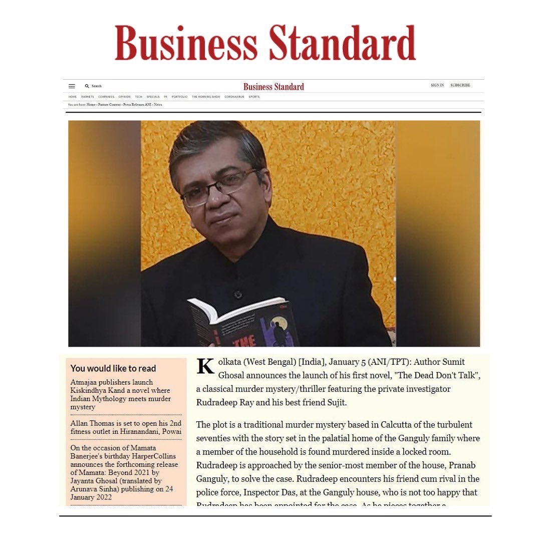 Author_Sumit's tweet photo. Thanks to all the media friends who covered my book “The Dead Don’t Talk”

#zee5 #businessstandard #ani #media #sumitghosal #booklovers #bookstagram #murdermystery #thedeaddonttalk @ombooksdelhi https://t.co/exUZzTRC0b