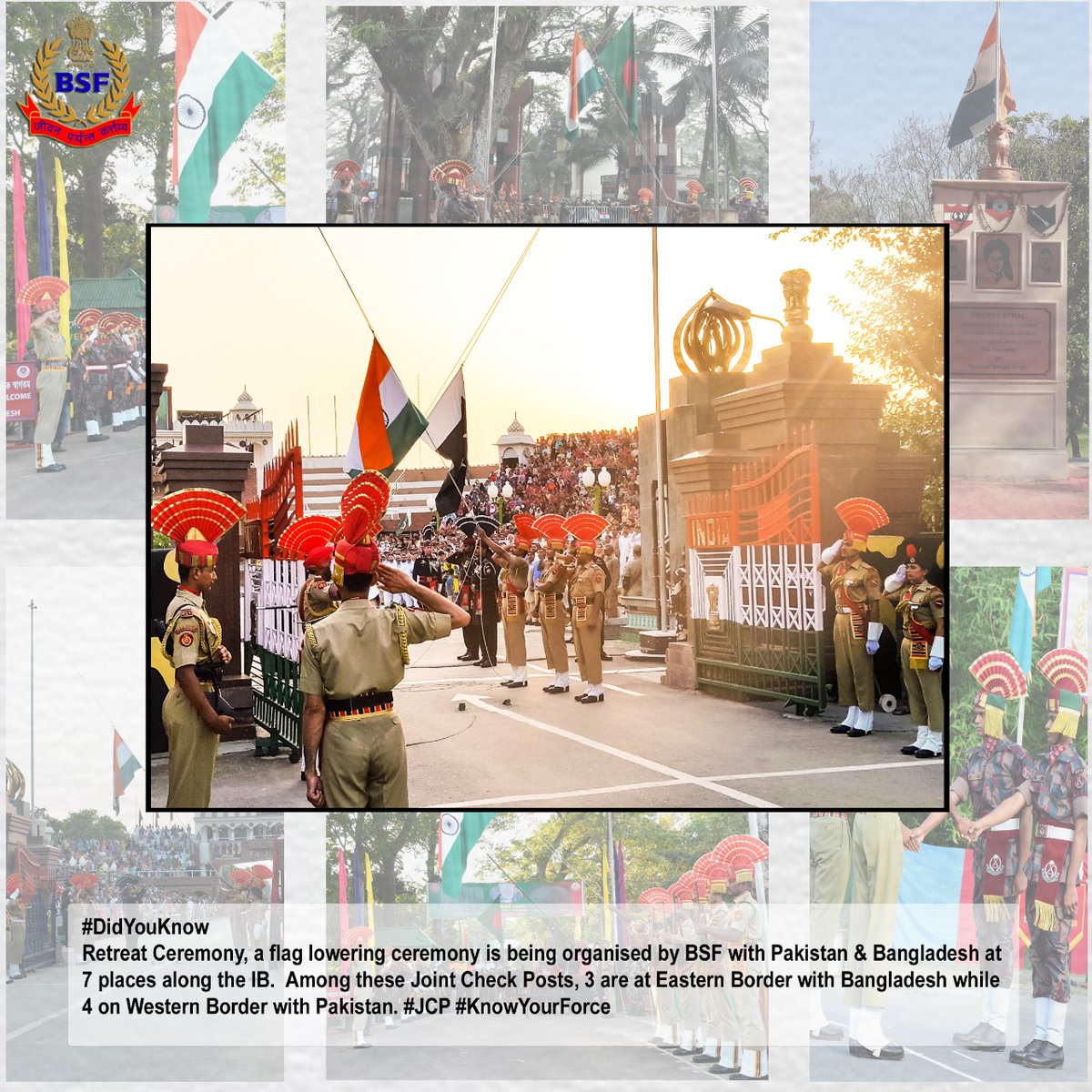 BSF_India's tweet photo. #DidYouKnow Retreat Ceremony, a flag lowering ceremony is being organised by @BSF_India with Pakistan & Bangladesh at 7 places along the IB. Among these Joint Check Posts, 3 are at Eastern Border with Bangladesh while 4 on Western Border with Pakistan.
#JCP
#KnowYourForce https://t.co/250MhYfcqV