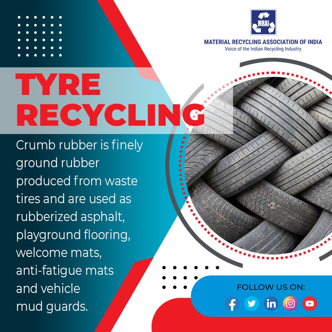 mrai_india's tweet photo. Interesting Facts!

Crumb #rubber is finely ground rubber produced from waste tires and are used as rubberized asphalt, playground flooring, welcome mats, anti-fatigue mats and vehicle mud guards.

#tyrerecycling #scrap #recycling #recyclingindustry #tyrerecyclingindutry #mrai https://t.co/zO8E3iY5vY