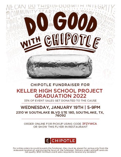Keller_PG's tweet photo. In queso you forgot, Spirit Night at Chipotle is Wed, Jan. 19 from 5-9pm! Show this flyer or tell the cashier at checkout that you are there for KHS Project Graduation. For online orders, don’t forget to include our unique code 3FZYWCA.
#ChipotleFundraiser https://t.co/REe3M12GBI