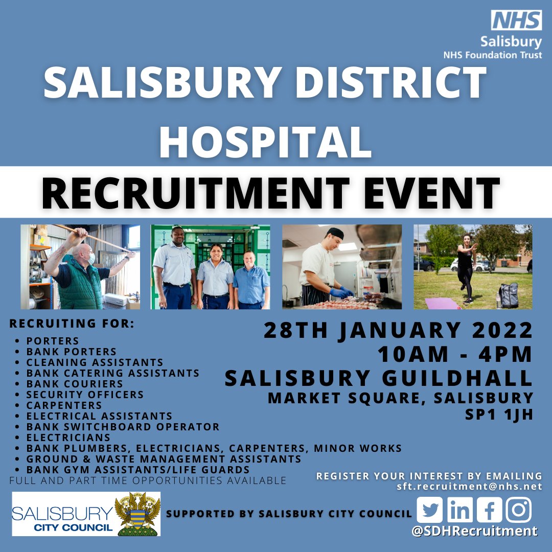Are you looking for a new role in an organisation that values you? Then come to our Estates &amp; Facilities Recruitment Event! Join us on 28th January at 
<a href="/SalsGuildhall/">Salisbury Guildhall</a> supported by <a href="/SalisburyCC/">SalisburyCityCouncil</a>! To register your interest or for more info please email sft.recruitment@nhs.net