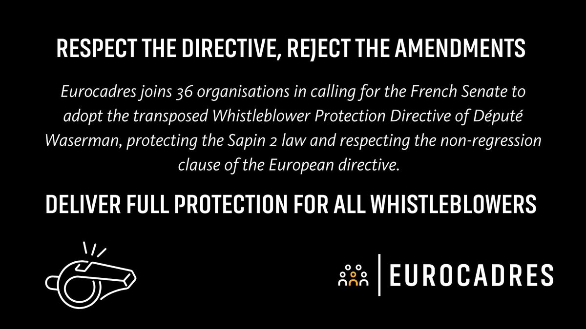 EUROCADRES's tweet photo. There can be no regression from the European Whistleblower Directive. Eurocadres join @CGTCadresTechs and others in calling on for the French Senate to adopt the bill of @SylvainWaserman, delivering full protection for whistleblowers throughout Europe ✊
@whistleblowing @mlalerte https://t.co/VFqnSuPx05