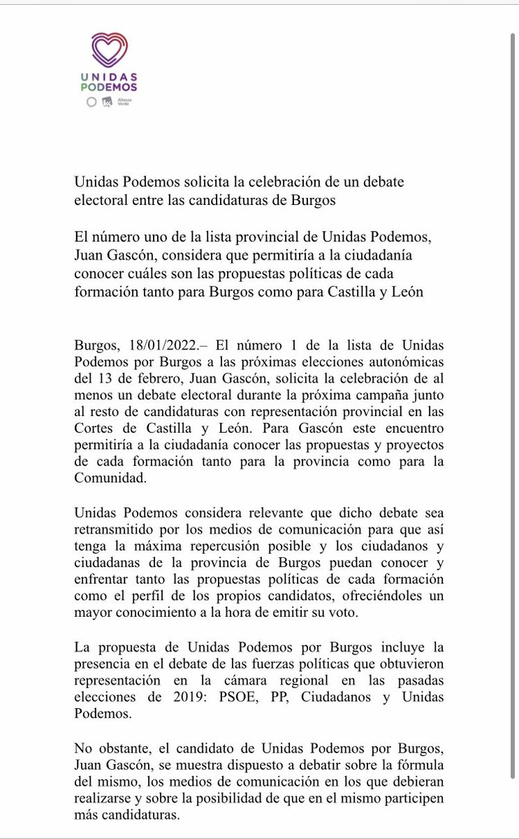 IUBurgos's tweet photo. 🎙@Juan_Gascon solicita un debate con el resto de partidos políticos para que #Burgos, y la ciudadanía en general, conozca las diferentes campañas de cara al #13F .
#CyL #CylEnPie ❤💜💚 https://t.co/GLEQPYMu1G