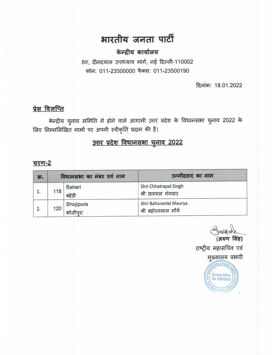 भारतीय जनता पार्टी उत्तर प्रदेश विधानसभा चुनाव 2022 हेतु आप दोनों को भाजपा प्रत्याशी बनाए जाने की हार्दिक बधाई एवं विजय की अग्रिम शुभकामनाएं।
#इस_बार_भाजपा_फिर_से_300_पार
