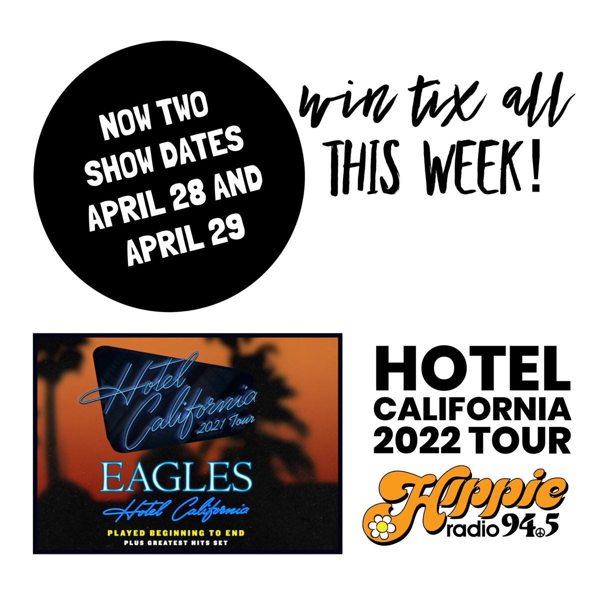 Just announced on Nashville’s Morning Show with Pam and Tony!  The Eagles have added a second show to Music City! April 28 AND newly-added April 29.  Listen this week to win tix. Tickets for the April 29 show go on sale this Friday!