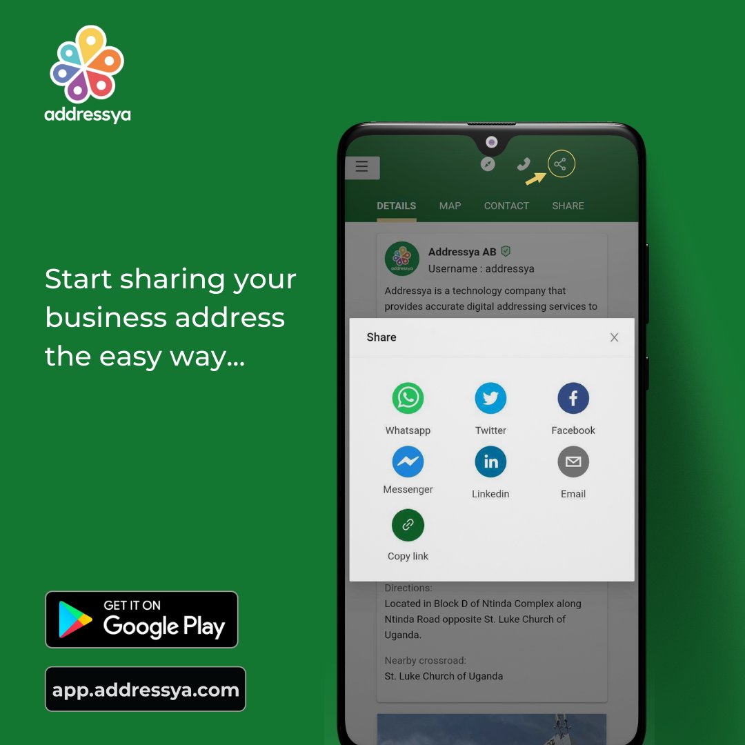 MyAddressya's tweet photo. No more giving directions over the phone. Share your business address with one click using Addressya. Don't have Addressya for your business yet? Sign up today at https://t.co/JhNdm6JbUd.
#Addressya #smartaddressing #Rwanda #Uganda #Kigali #Kampala https://t.co/axbVNSCRdU