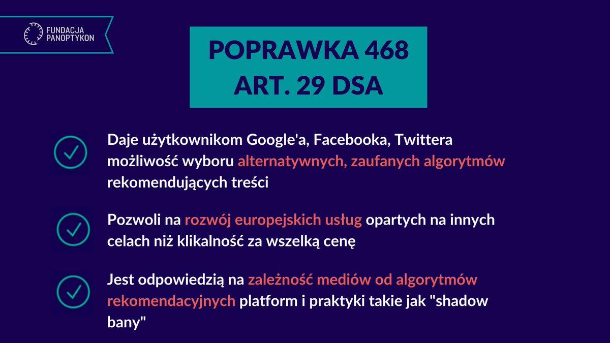 panoptykon's tweet photo. Nie wiemy, czy Twitter zmniejsza zasięgi naszych postów o regulacji platform internetowych (podejrzane?😉) 
Ale wiemy, że #DSA może sprawić, że użytkownicy wielkich platform nie będą już mieli takich dylematów, jeśli europosłowie przegłosują w czwartek poprawkę 468.
#poprawcieDSA https://t.co/FSLhXK8tim